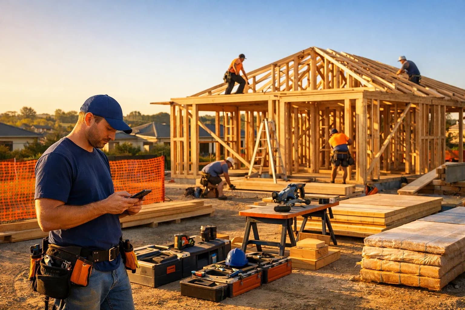 BuildMate job management board with kanban cards showing status and profit