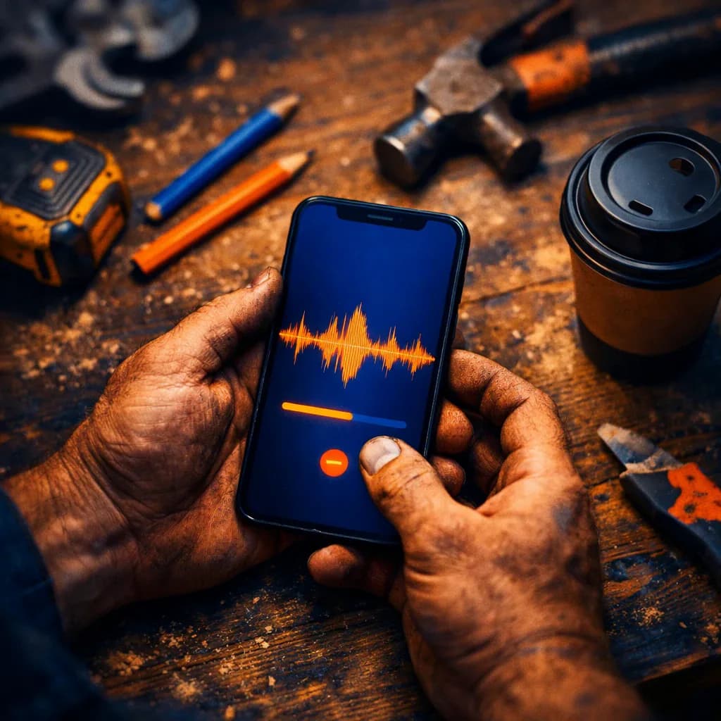 BuildMate voice capture interface showing live transcription on a phone