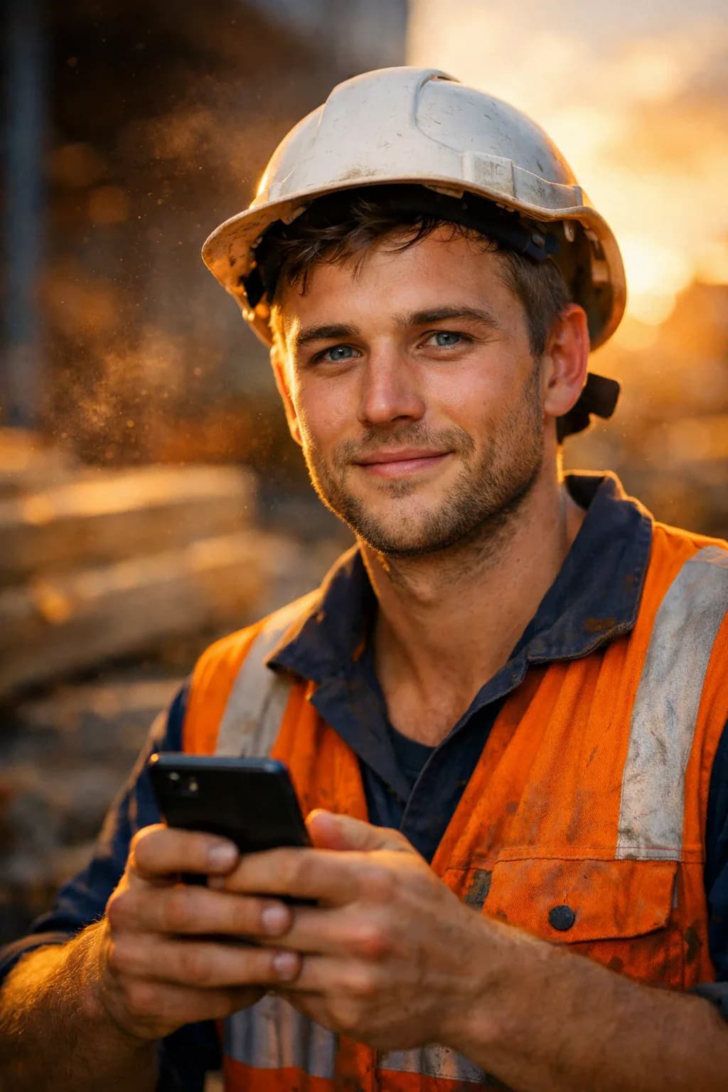 Australian tradie on a construction site using BuildMate voice AI on his phone